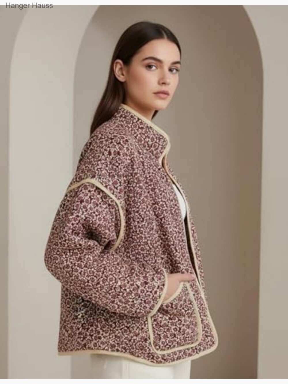 Lightweight Floral Quilted Cropped Puffer Jacket Button Down Winter Coat - Picture 5 of 7